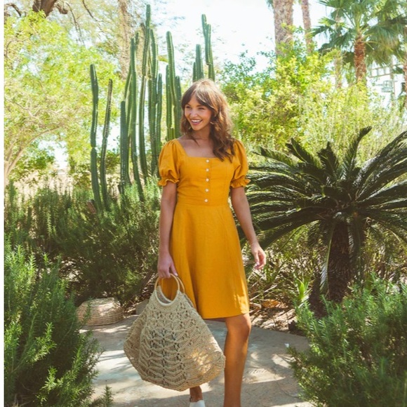 Cyndy Mini Dress Marigold Tamga Designs Yellow European Flax Linen Sustainable - Picture 4 of 6